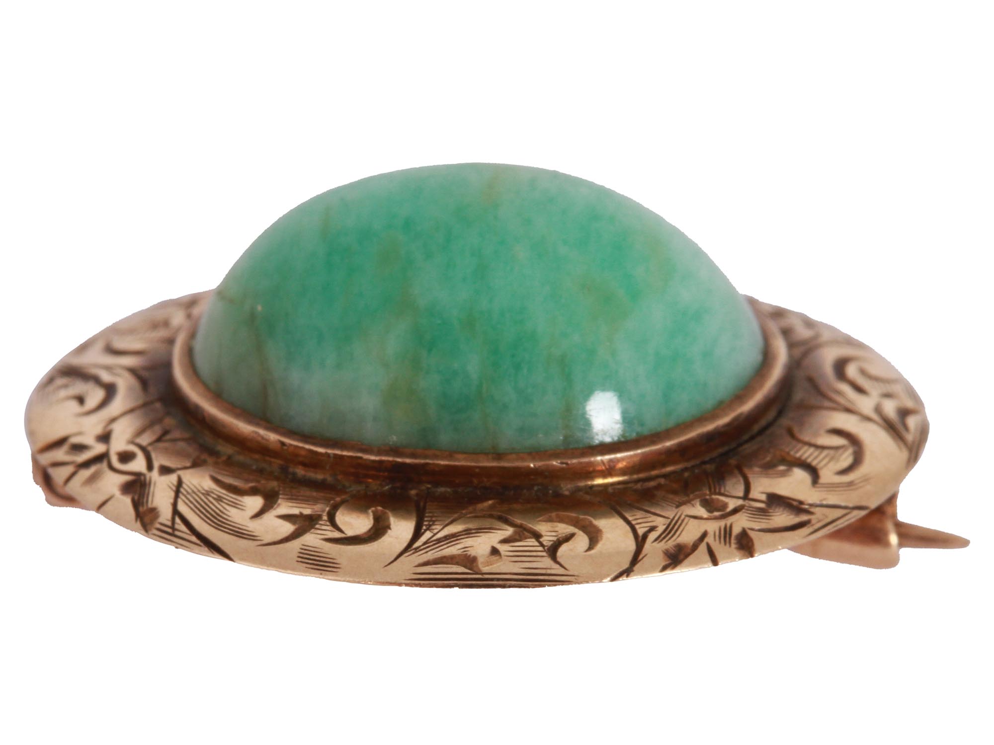 14K GOLD AND JADE STONE PIN BROOCH WITH ENGRAVING PIC-2